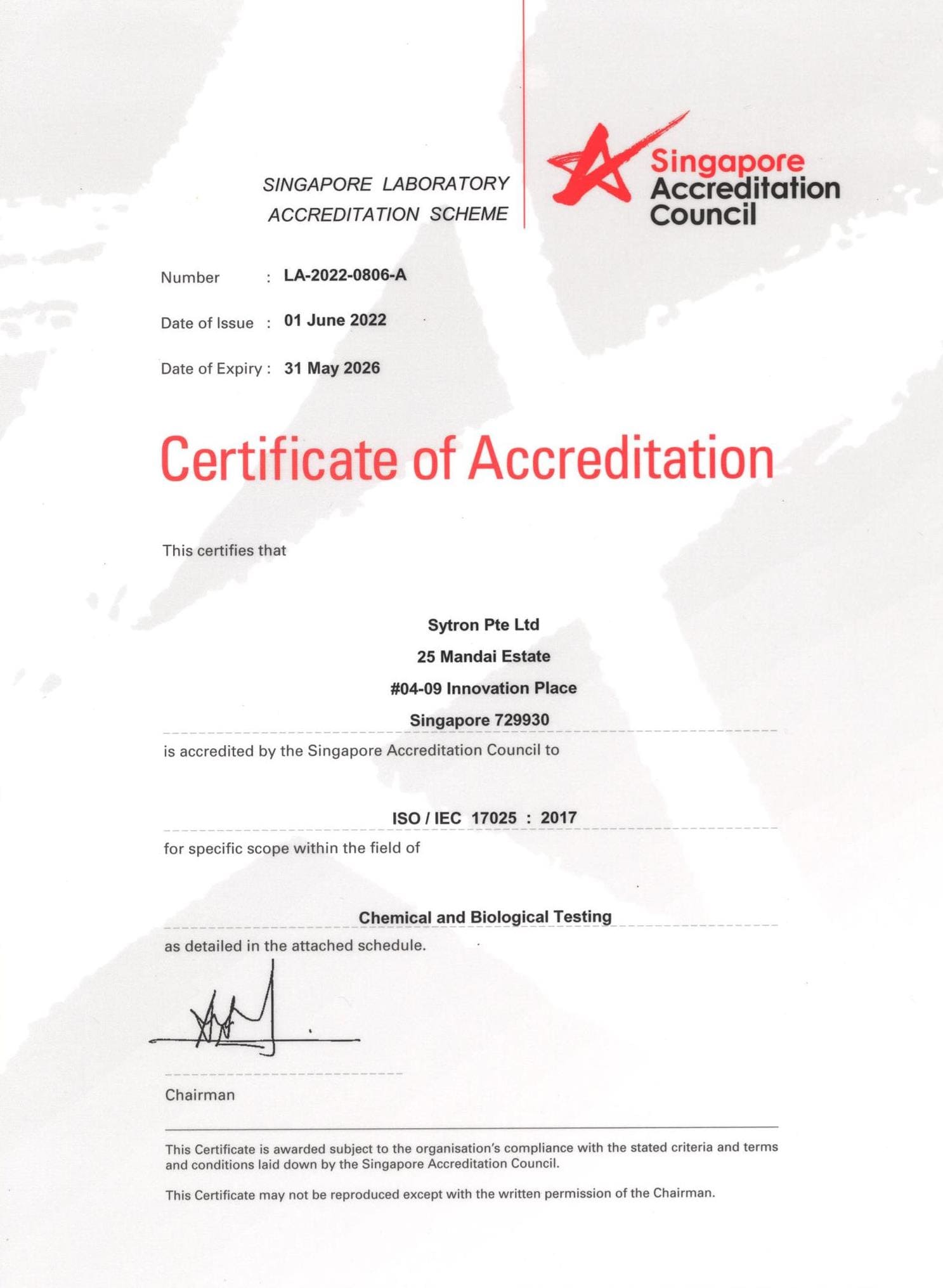 Sytron ISO/IEC 17025:2017 accreditation certificate